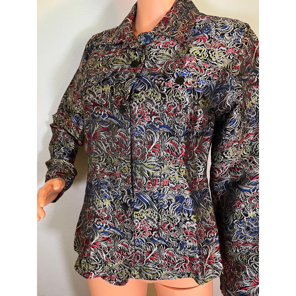 Chicos Silk Blend Brocade Jacket Colorful Floral Tapestry Artwear Blazer
